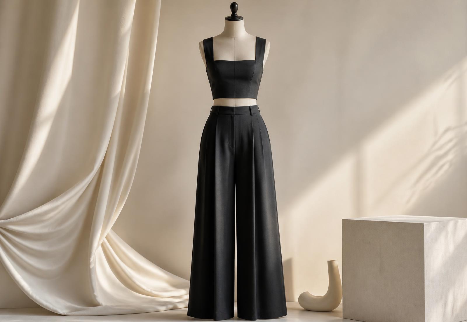 Black cropped top and wide-leg trouser co-ord set on a minimal form against a cream backdrop