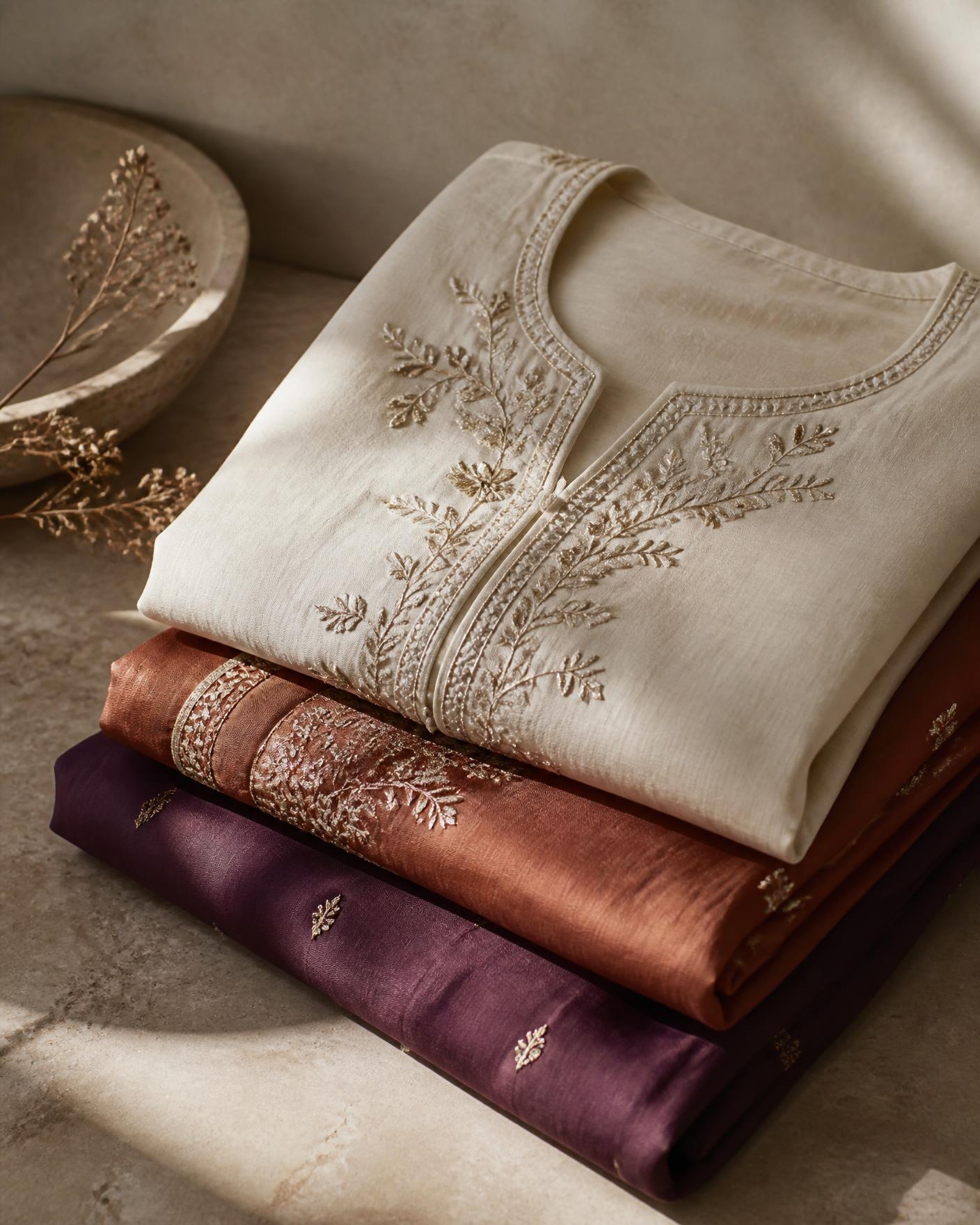 Folded contemporary kurtis in ivory, terracotta and deep plum with fine gold thread detail